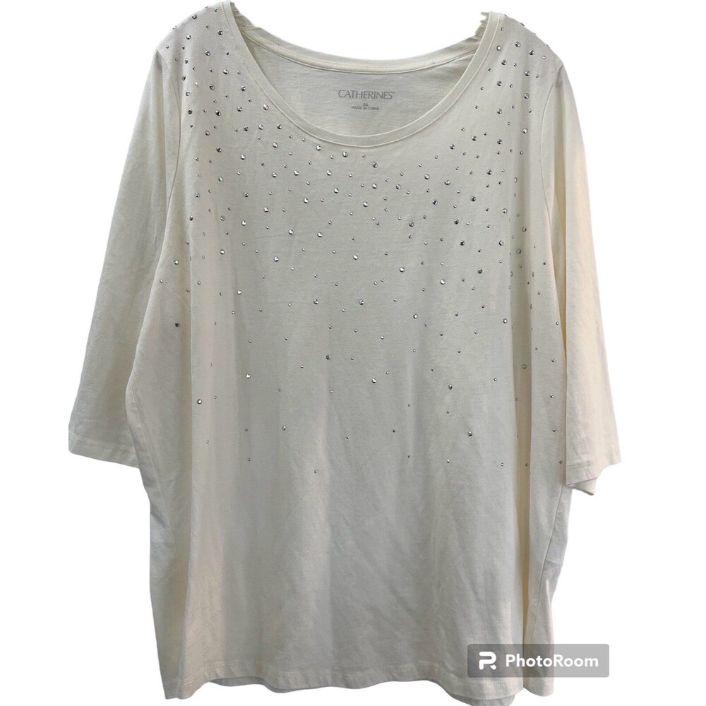 Catherines Womens Size 0X 14/16 Off White Elbow Sleeve Silver Studded Tee Shirt